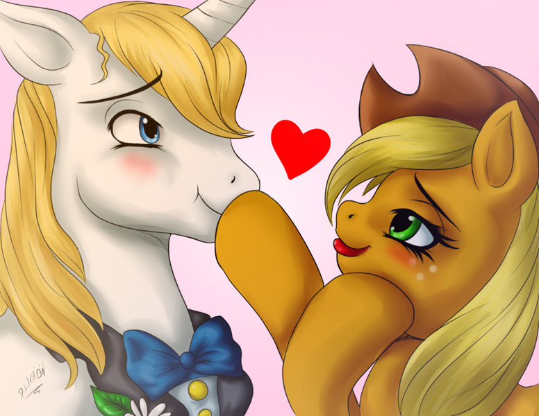 Size: 792x612 | Tagged: applejack, artist:dslycaon, bedroom eyes, bluejack, blushing, boop, crack shipping, derpibooru import, female, heart, lipstick, male, prince blueblood, safe, shipping, smiling, straight, :t