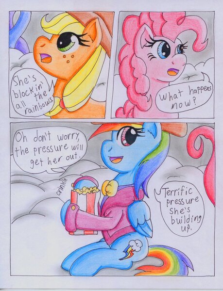 Size: 782x1022 | Tagged: applejack, artist:the1king, comic, comic:fluttershy and the rainbow factory, crossover, derpibooru import, fanfic:rainbow factory, parody, pinkie pie, popcorn, rainbow dash, safe, willy wonka and the chocolate factory