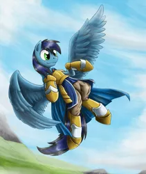 Size: 1408x1666 | Tagged: safe, artist:otakuap, derpibooru import, oc, oc:electroshock, unofficial characters only, pegasus, pony, armor, cape, clothes, cloud, cloudy, flying, mountain, outdoors, sky, solo