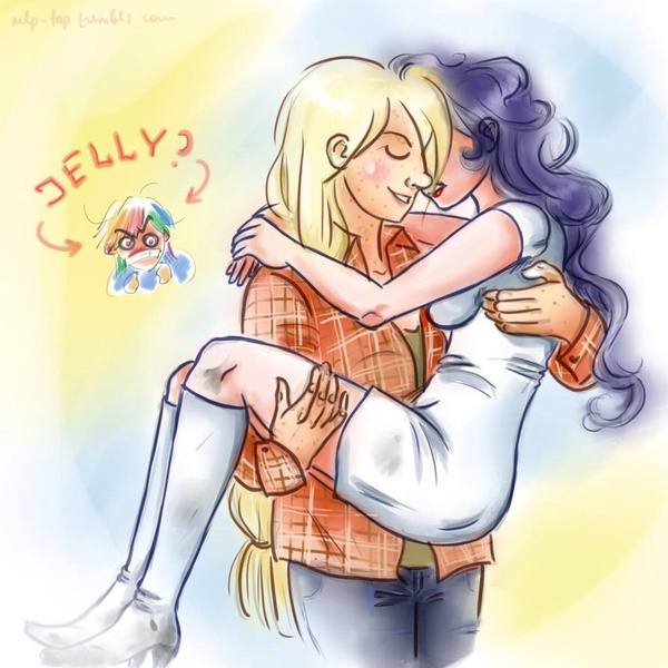 Size: 894x894 | Tagged: safe, artist:mlp-fap-art, derpibooru import, applejack, rainbow dash, rarity, human, bridal carry, female, humanized, jealous, lesbian, rarijack, shipping