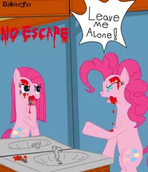 Size: 1044x1208 | Tagged: artist:djsteelfox, bathroom, blood, duality, grimdark, inner demons, mirror, pinkamena diane pie, pinkie pie, reflection, self harm, sink, solo