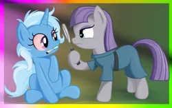 Size: 1321x832 | Tagged: safe, artist:ohohokapi, deleted from derpibooru, derpibooru import, maud pie, trixie, earth pony, pony, unicorn, drugs, duo, magnifying glass, marijuana, pun, sticky icky trixie, stoned trixie, visual pun