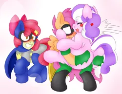 Size: 2210x1708 | Tagged: apple bloom, artist:blackbewhite2k7, batgirl, carrying, chubby, chubby diamond, derpibooru import, diamond buttiara, diamond tiara, dock, fat, female, glomp, lesbian, plot, robin, safe, scootaloo, scootiara, shipping, textless