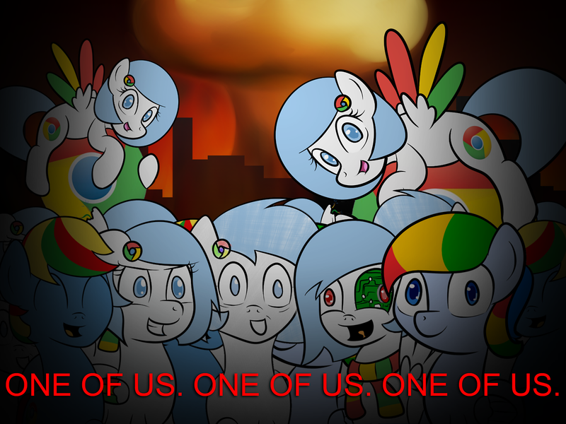 Size: 1280x960 | Tagged: apocalypse, artist:10art1, assimilation, browser ponies, derpibooru import, eyes closed, fire, freaks, google chrome, grin, join the herd, looking at you, multeity, nightmare fuel, nuclear weapon, oc, oc:google chrome, one of us, open mouth, safe, smiling, unofficial characters only, welcome to the herd, wide eyes