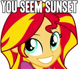 Size: 1165x1024 | Tagged: safe, derpibooru import, sunset shimmer, equestria girls, rainbow rocks, cute, exploitable meme, faic, green eyes, grin, happy, image macro, looking at you, meme, my little punny, pun, punset shimmer, reaction image, shimmerbetes, simple background, smiling, solo, squee, text, troll, trolling, u mad, vector, white background, you seem upset