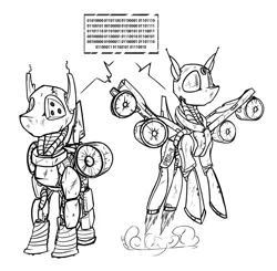 Size: 1805x1767 | Tagged: artist:ralek, binary, derpibooru import, enclave, fallout equestria, flight, /foe/, /mlp/, monochrome, oc, oc:peg-e, oc:pes-e, robots, safe, unofficial characters only