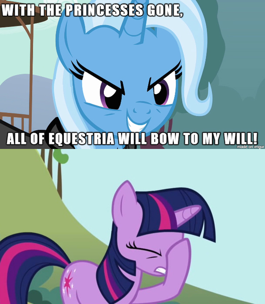 Size: 610x700 | Tagged: derpibooru import, exploitable meme, facehoof, image macro, magic duel, meme, safe, trixie, trixie vs everyone meme, trixie yells at everything, twilight sparkle