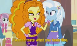 Size: 1280x765 | Tagged: suggestive, derpibooru import, adagio dazzle, sweetie belle, trixie, equestria girls, rainbow rocks, adagio dazzle gets around, female, lesbian, orange is the new black, shipping, triagio