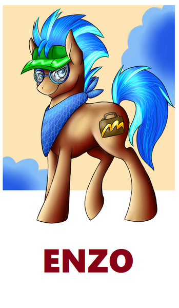 Size: 519x892 | Tagged: safe, artist:tardispony, derpibooru import, oc, oc:enzo, unofficial characters only, earth pony, pony, badge, con badge