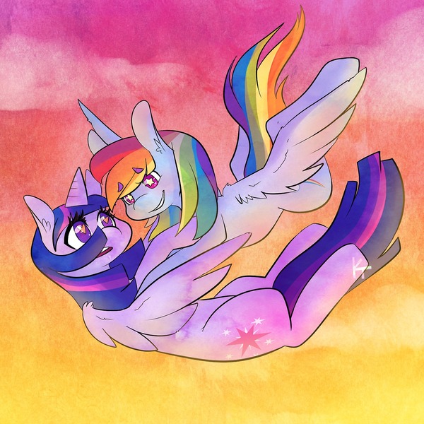 Size: 1280x1280 | Tagged: safe, artist:kittentoots, derpibooru import, rainbow dash, twilight sparkle, twilight sparkle (alicorn), alicorn, pony, eye contact, female, flying, grin, heart eyes, lesbian, mare, open mouth, shipping, smiling, spread wings, stars, twidash, wingding eyes