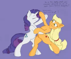 Size: 1211x998 | Tagged: safe, artist:joey darkmeat, artist:thepolymath, derpibooru import, edit, applejack, rarity, pony, backbend, belly button, bipedal, dancing, female, flexible, foreplay, lesbian, rarijack, shipping