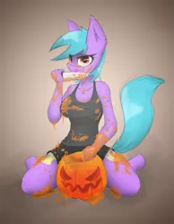 Size: 685x882 | Tagged: anthro, artist:ninjapony, carving, derpibooru import, jack-o-lantern, oc, oc:ishizko, pumpkin, safe, solo, unofficial characters only