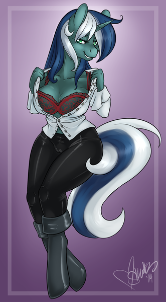 Size: 855x1550 | Tagged: questionable, artist:skuttz, derpibooru import, oc, oc:skyfall, unofficial characters only, anthro, unguligrade anthro, unicorn, anthro oc, bedroom eyes, bra, breasts, cameltoe, clothes, female, latex, latex boots, lingerie, solo, solo female, spypone, underwear, undressing
