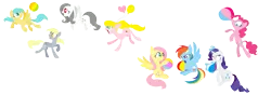 Size: 1023x362 | Tagged: artist:violetandblaire, beach ball, blowing, chubby cheeks, floating, fluttershy, inflatable, inflation, levitation, magic, oc, oc:albino fluttershy, oc:lola balloon, pinkie pie, puffy cheeks, rainbow dash, rarity, safe