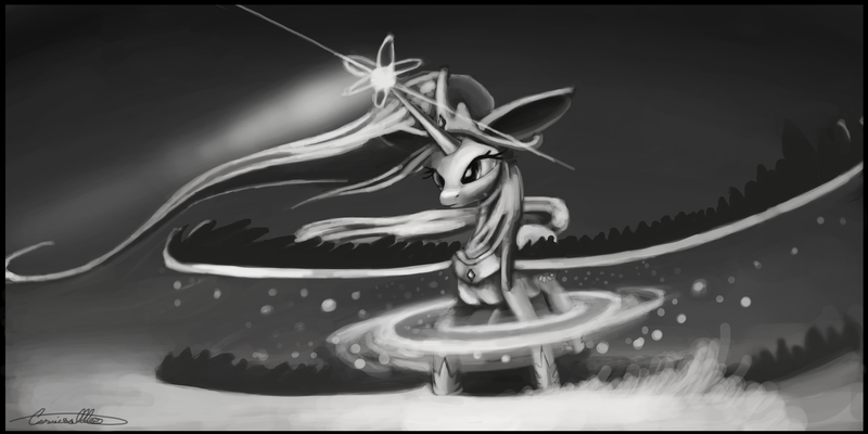 Size: 8640x4320 | Tagged: safe, artist:auroriia, derpibooru import, princess celestia, absurd resolution, grayscale, impossibly large ears, magic, monochrome, solo, spread wings