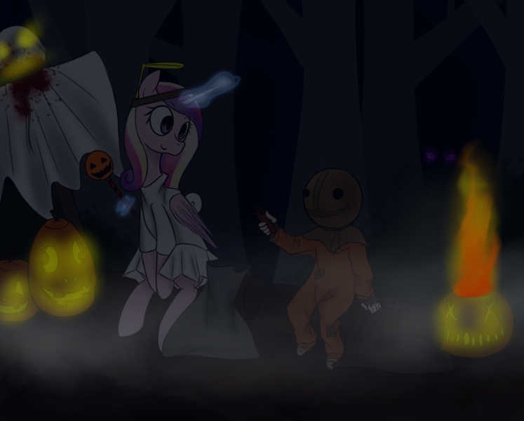 Size: 854x686 | Tagged: artist:fullmetalpikmin, clothes, crossover, ghost, halloween, holiday, jack-o-lantern, magic, princess cadance, pumpkin, safe, sam, sitting, smiling, telekinesis, trick 'r treat, voice actor joke