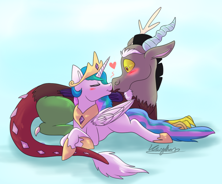 Size: 1208x1000 | Tagged: safe, artist:dragonwolfgirl1234, derpibooru import, discord, princess celestia, :o, blushing, boop, cuddling, dislestia, eyes closed, female, heart, male, noseboop, open mouth, prone, shipping, smiling, snuggling, straight, wide eyes