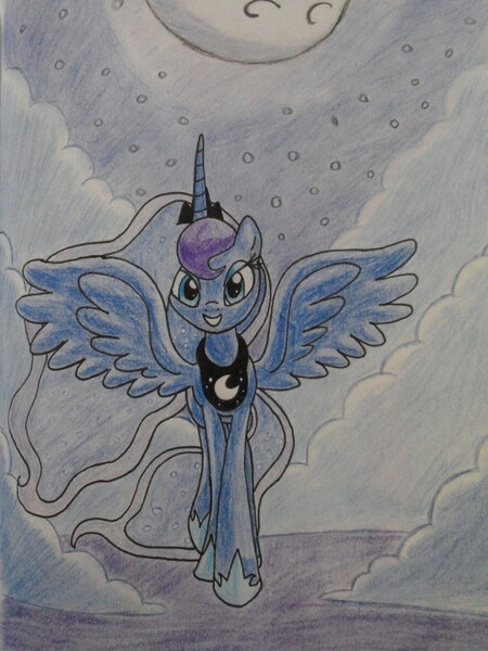 Size: 1024x1365 | Tagged: safe, artist:theroyalprincesses, derpibooru import, princess luna, cloud, cloudy, looking at you, moon, night, smiling, solo, spread wings, traditional art