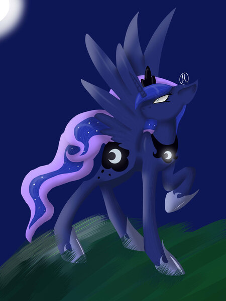 Size: 1024x1365 | Tagged: safe, artist:mirunacipsi, derpibooru import, princess luna, looking back, moon, night, raised hoof, solo, spread wings