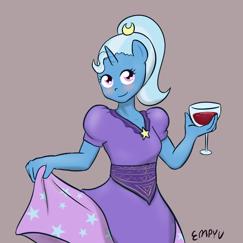 Size: 500x500 | Tagged: 30 minute art challenge, alternate hairstyle, anthro, artist:empyu, clothes, derpibooru import, dress, queen trixiana the first, safe, solo, trixie, wine