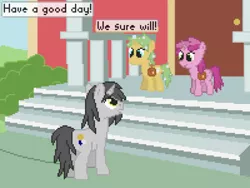 Size: 500x375 | Tagged: artist:thejakevale, comic, comic:clockworkfamily, derpibooru import, dialogue, oc, oc:clockwork gear, oc:glitch, pixel art, ruby pinch, safe