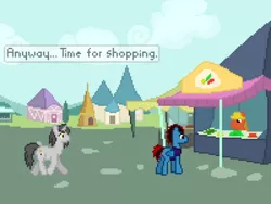 Size: 500x375 | Tagged: artist:thejakevale, comic, comic:clockworkfamily, derpibooru import, market, oc, oc:clockwork gear, oc:gale force, pixel art, safe, unofficial characters only