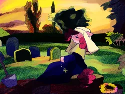 Size: 1024x768 | Tagged: safe, artist:marihico, derpibooru import, pinkie pie, graveyard, nun, shovel, solo