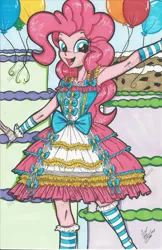 Size: 1024x1582 | Tagged: safe, artist:ponygoddess, derpibooru import, part of a set, pinkie pie, equestria girls, balloon, cake, clothes, humanized, lolita fashion, socks, solo, striped socks, sweet lolita