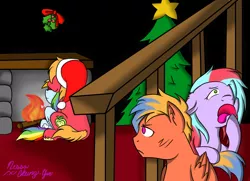 Size: 2000x1450 | Tagged: safe, artist:tomcolt15, derpibooru import, big macintosh, rainbow dash, oc, earth pony, pony, annoyed, christmas, christmas tree, cuddling, fireplace, frown, hat, holly, holly mistaken for mistletoe, male, offspring, parent:big macintosh, parent:rainbow dash, parents:rainbowmac, rainbowmac, santa hat, shipping, snuggling, stallion, straight, tree, yawn