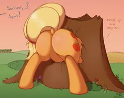Size: 1280x1016 | Tagged: safe, artist:ratofdrawn, derpibooru import, applejack, pony, fanfic, fanfic:stuck, applebutt, butt freckles, buttstuck, clopfic, dock, fanfic art, featureless crotch, freckles, implied appledash, implied rainbow dash, implied shipping, large butt, plot, raised tail, silly, silly pony, stuck, the ass was fat, the ass was too fat, too fat to fit, too fat to get through, tree stump