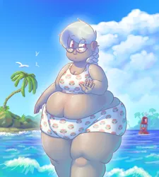 Size: 900x1000 | Tagged: artist:secretgoombaman12345, ask chubby diamond, bbw, beach, breasts, chubby, cleavage, derpibooru import, fat, fat boobs, female, human, humanized, impossibly wide hips, midriff, muffin top, obese, ocean, palm tree, seagull, silver spoon, solo, solo female, suggestive, thunder thighs, tree, wide hips