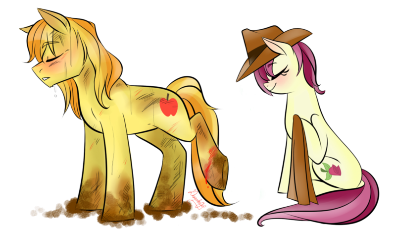 Size: 1024x597 | Tagged: accessory swap, artist:dragonfoxgirl, blood, braeburn, crack shipping, derpibooru import, dirty, female, male, roseburn, roseluck, safe, shipping, simple background, straight, sweat, transparent background