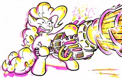 Size: 1920x1258 | Tagged: safe, artist:gezawatt, derpibooru import, pinkie pie, earth pony, pony, bass cannon, bipedal, colored, dub, dubstep, dubstep gun, female, intense, limited palette, mare, marker drawing, music, simple background, solo, traditional art, weapon, white background