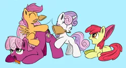 Size: 1000x542 | Tagged: suggestive, artist:xioade, derpibooru import, apple bloom, cheerilee, scootaloo, sweetie belle, earth pony, pegasus, pony, unicorn, bow, cutie mark crusaders, drool, eyes closed, face down ass up, female, filly, foalcon, foaldom, hair bow, mare, masochism, open mouth, paddle, spanking, spread wings, tongue out