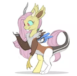 Size: 783x780 | Tagged: artist:carnifex, bucktooth, derpibooru import, draconequified, draconequus, female, flutterequus, fluttershy, safe, shipping in the description, simple background, smiling, solo, species swap, white background