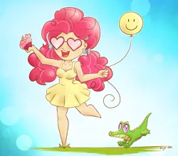 Size: 1135x1000 | Tagged: safe, artist:erysz, derpibooru import, gummy, pinkie pie, human, balloon, clothes, cupcake, dress, humanized, sunglasses