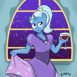 Size: 1000x1000 | Tagged: 30 minute art challenge, anthro, artist:empyu, clothes, dress, queen trixiana the first, safe, solo, trixie, wine