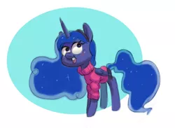 Size: 1280x937 | Tagged: safe, artist:verrmont, derpibooru import, princess luna, alicorn, pony, lunadoodle, blushing, clothes, crossover, gravity falls, mabel pines, open mouth, solo, sweater