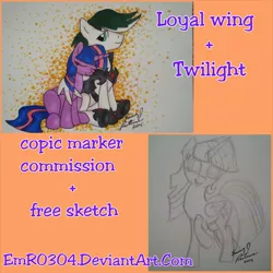 Size: 1024x1024 | Tagged: safe, artist:emr0304, derpibooru import, twilight sparkle, twilight sparkle (alicorn), oc, oc:loyal wing, alicorn, pony, canon x oc, female, mare, shameless advertising