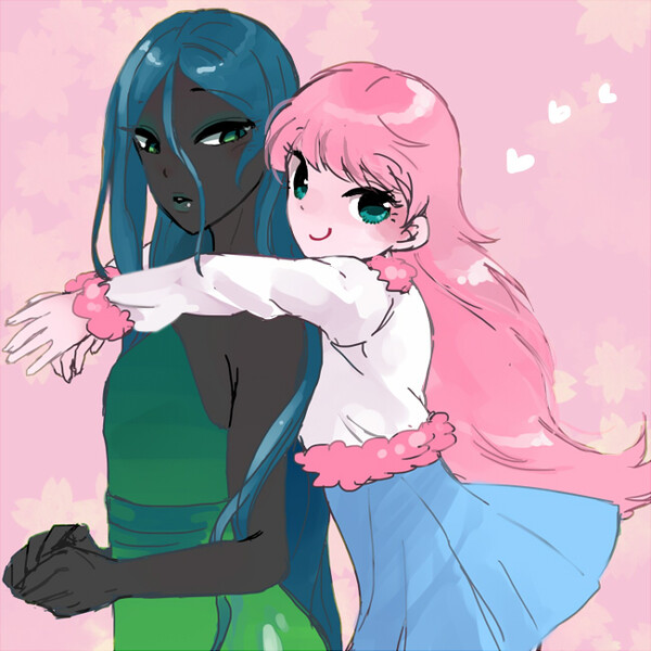 Size: 649x649 | Tagged: safe, artist:pasikon, derpibooru import, queen chrysalis, oc, oc:fluffle puff, equestria girls, canon x oc, chrysipuff, equestria girls-ified, female, hug from behind, lesbian, pixiv, shipping