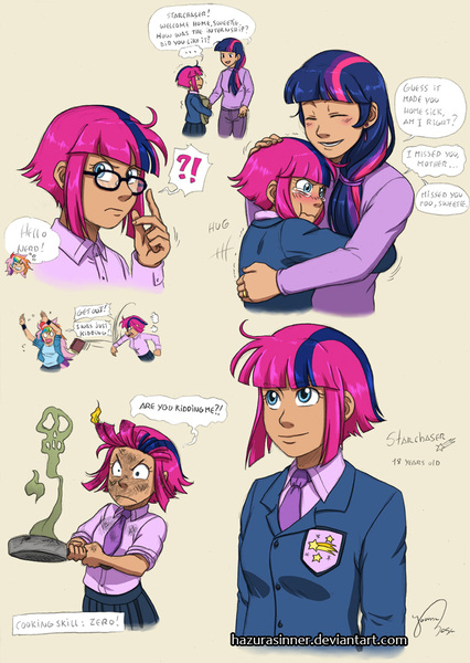 Size: 780x1099 | Tagged: artist:hazurasinner, blazer, clothes, derpibooru import, hug, human, humanized, magical lesbian spawn, necktie, oc, oc:starchaser, oc:windy belle, offspring, parent:fluttershy, parent:pinkie pie, parent:rainbow dash, parents:flutterdash, parents:twinkie, parent:twilight sparkle, safe, schoolgirl, school uniform, shipping, shirt, skirt, twilight sparkle