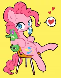 Size: 486x620 | Tagged: safe, artist:susu, derpibooru import, gummy, pinkie pie, earth pony, pony, chair, cute, diapinkes, female, heart, hoof hold, lollipop, mare, simple background, sitting, solo, speech bubble, yellow background