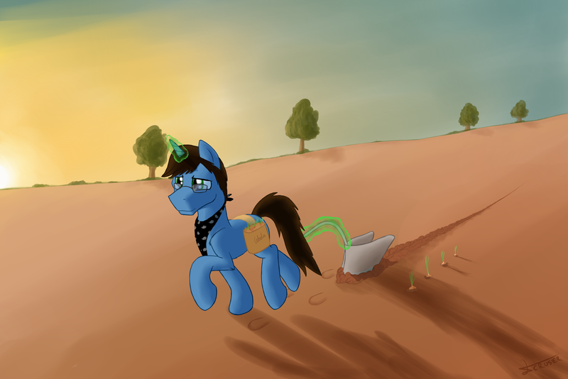 Size: 2599x1735 | Tagged: safe, artist:crusierpl, derpibooru import, oc, oc:azar, unofficial characters only, pony, unicorn, bandana, field, food, glasses, green eyes, hoofprints, magic, onion, plow, sunset, telekinesis, tree