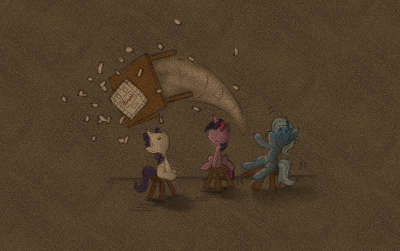 Size: 1280x804 | Tagged: safe, artist:fritzybeat, derpibooru import, rarity, trixie, twilight sparkle, pony, unicorn, askfillytrixie, board game, female, frown, mare, monopoly, rage quit, table flip