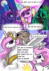 Size: 688x986 | Tagged: artist:aurora-chiaro, artist:gigandjett, blushing, comic, derpibooru import, discord, fangs, implied dislestia, magic, one sided shipping, open mouth, pink mane, pink-mane celestia, princess cadance, princess celestia, princess luna, queen chrysalis, safe, smiling, when i first laid eyes upon the sun, younger