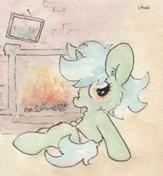 Size: 665x720 | Tagged: safe, artist:slightlyshade, derpibooru import, lyra heartstrings, pony, unicorn, clothes, fireplace, panties, solo, traditional art, underwear