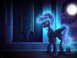 Size: 2000x1500 | Tagged: safe, artist:pirill, derpibooru import, derpy hooves, princess luna, pony, alternate hairstyle, artemis luna, clothes, constellation, female, frown, galaxy mane, glare, glow, glowing mane, horn ring, interior, mirror universe, moon, night, solo, tail wrap, tapestry, toga, unamused, walking, window