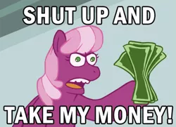 Size: 500x362 | Tagged: artist:buryooooo, attack of the killer app, cheerilee, derpibooru import, futurama, meme, money, open mouth, pixiv, ponified meme, safe, shut up and take my money, solo, style emulation