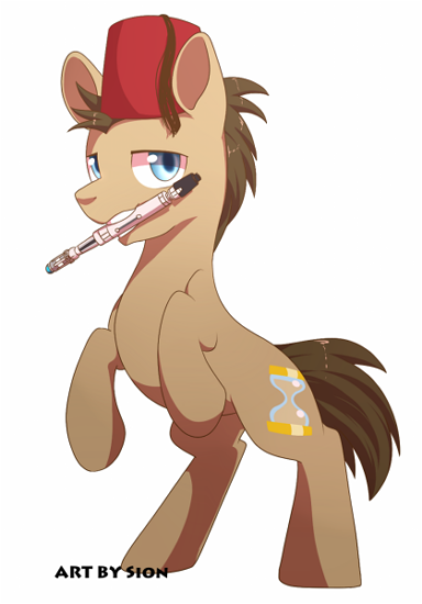 Size: 384x550 | Tagged: dead source, safe, artist:sion, derpibooru import, doctor whooves, time turner, doctor who, fez, hat, mouth hold, rearing, solo, sonic screwdriver