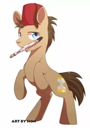 Size: 384x550 | Tagged: dead source, safe, artist:sion, derpibooru import, doctor whooves, time turner, doctor who, fez, hat, mouth hold, rearing, solo, sonic screwdriver
